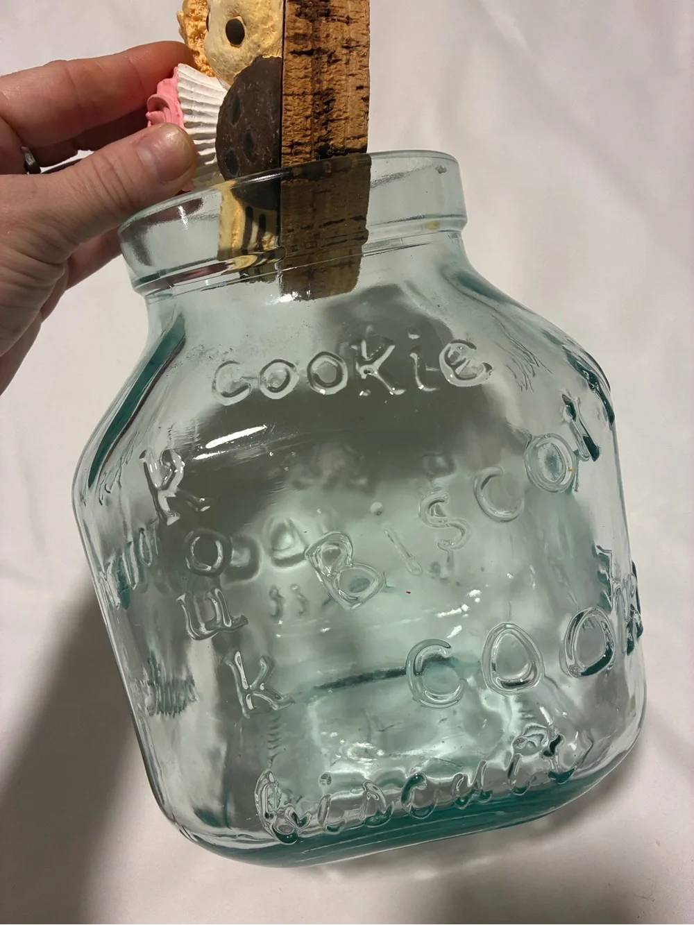 Light blue Glass Cookie Jar with cookie accent Lid - Pink & Neutral Decorative